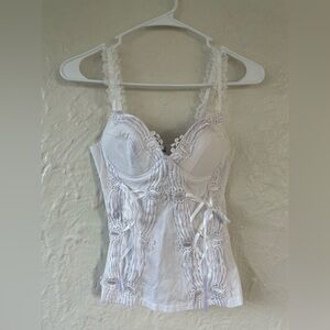 Madrag white corset style top with lace straps, bow detailing and tie up sides;M